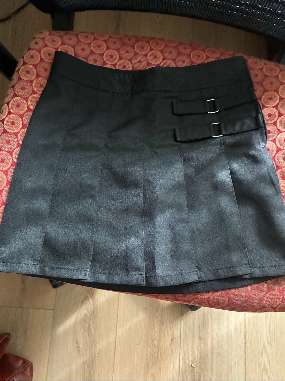 French Toast Black Pleated Mini Skirt with Triple Side Buckles